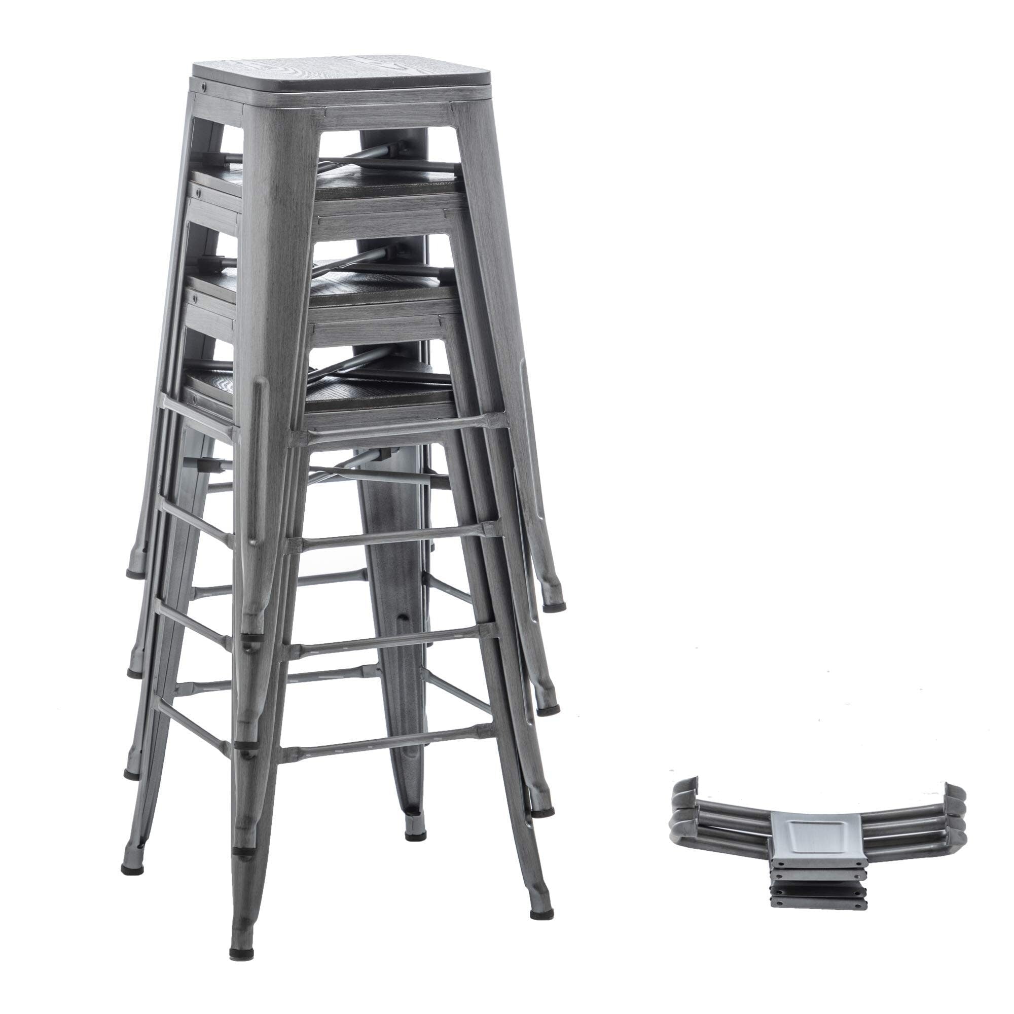 Lot de 4 tabourets de bar industriels en métal avec dossier et assise en bois