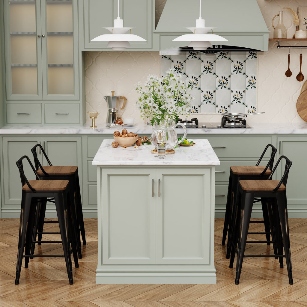 Lot de 4 tabourets de bar industriels en métal avec dossier et assise en bois