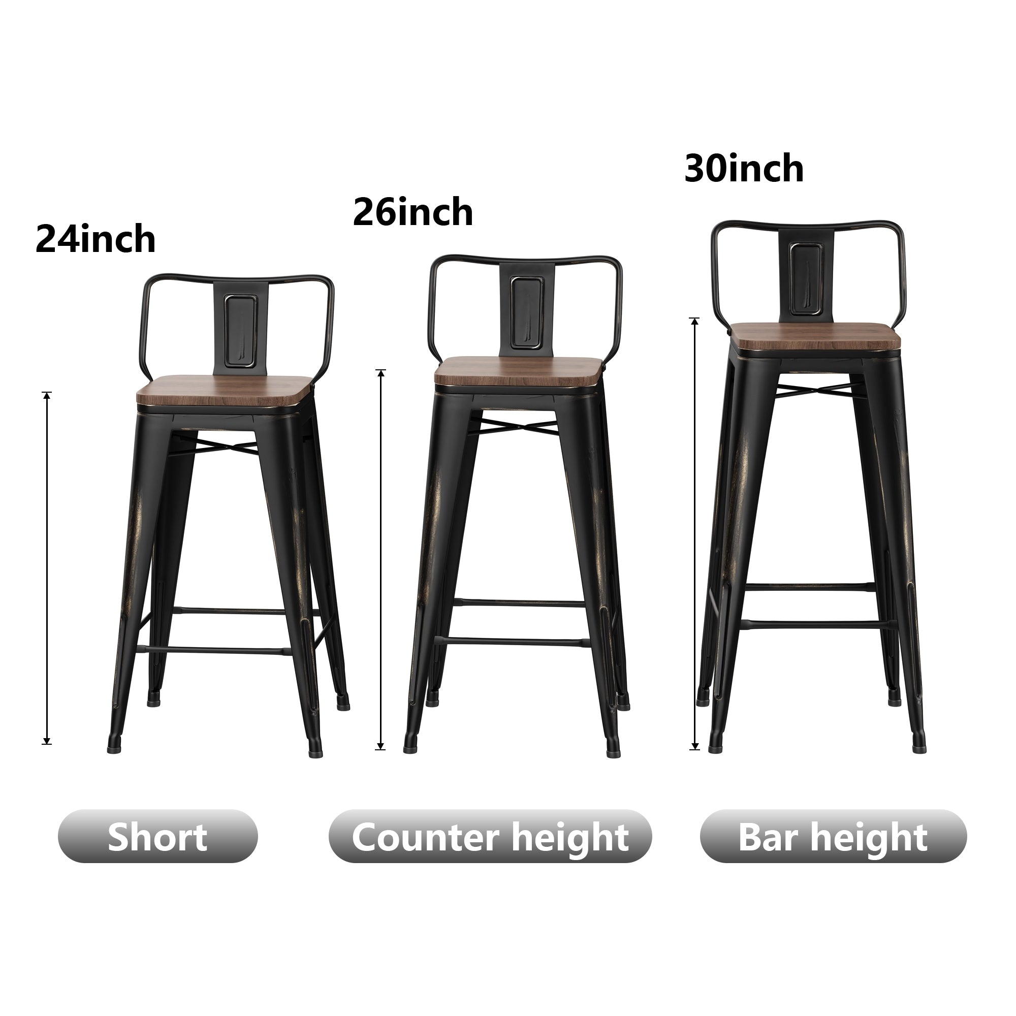 Lot de 4 tabourets de bar industriels en métal avec dossier et assise en bois
