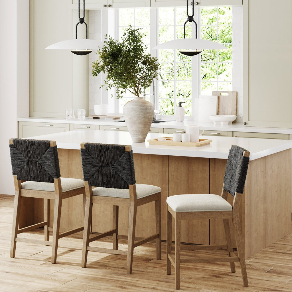 Tabouret de bar Beacon Bohemian Boucle, chaise de comptoir rembourrée avec cadre en bois massif et dossier en jonc de mer tressé