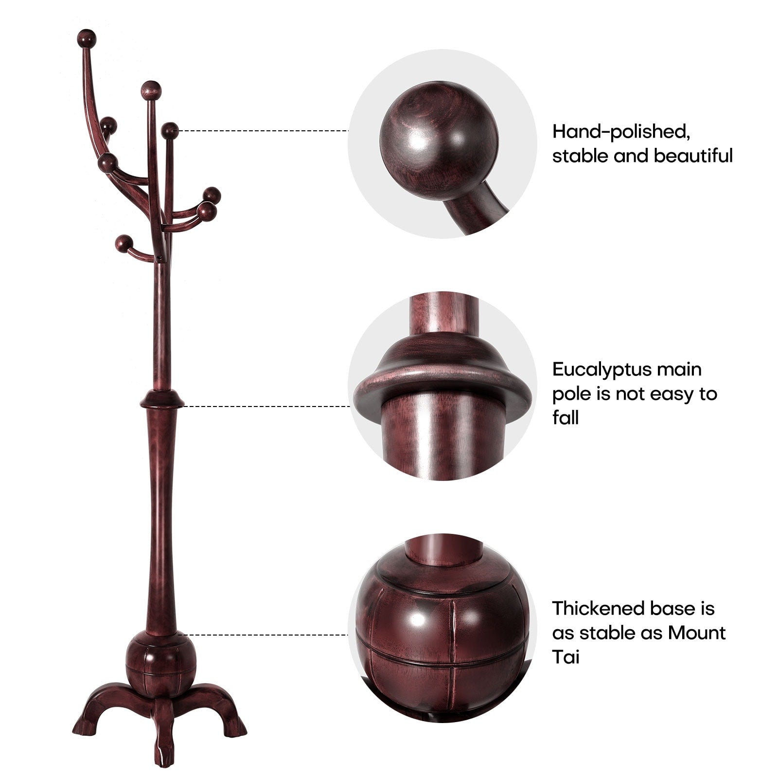 Porte-manteau autoportant en bois d'hévéa avec 8 crochets - 24,5 L x 70,87 H