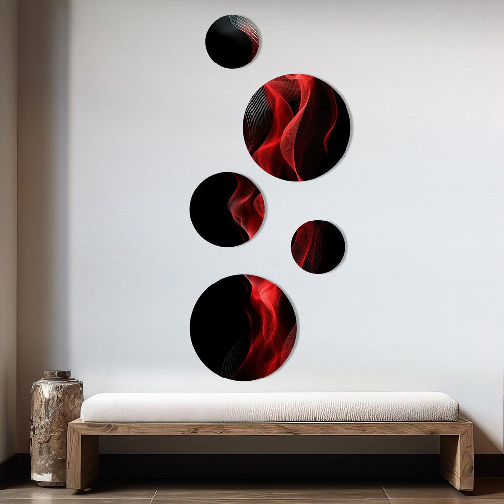 Designart Rouge Noir Contemplative Abstraction IX Moderne Vagues Métal Rond Art Mural Ensemble De 5