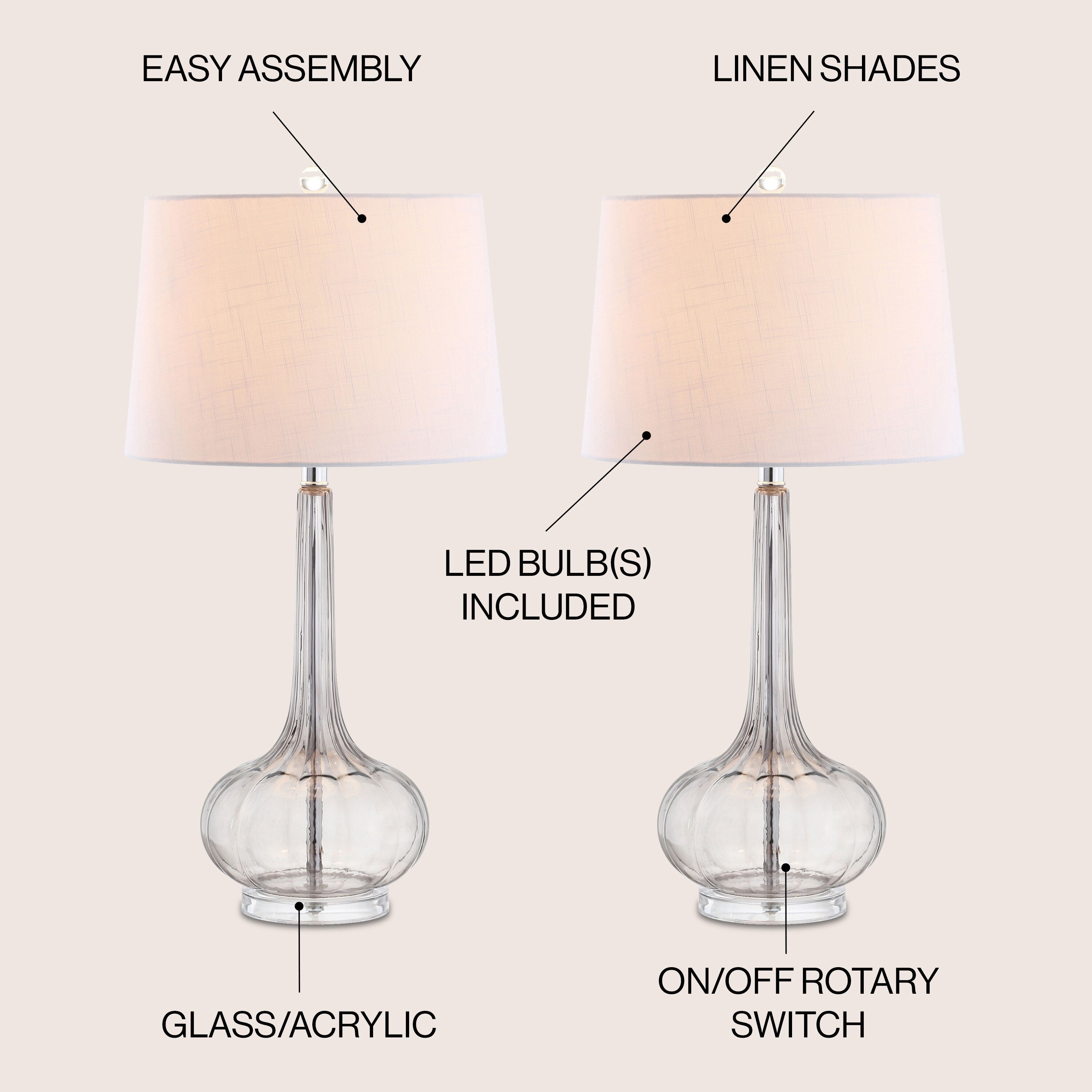 Lampe de table à LED Diamante 28,5 en verre, forme goutte d'eau, rose (lot de 2) par JONATHAN Y