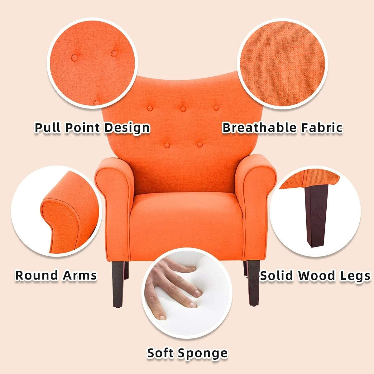 Fauteuil d'appoint moderne Erommy, fauteuil à dossier haut, canapé simple en tissu rembourré avec pieds en bois pour le salon