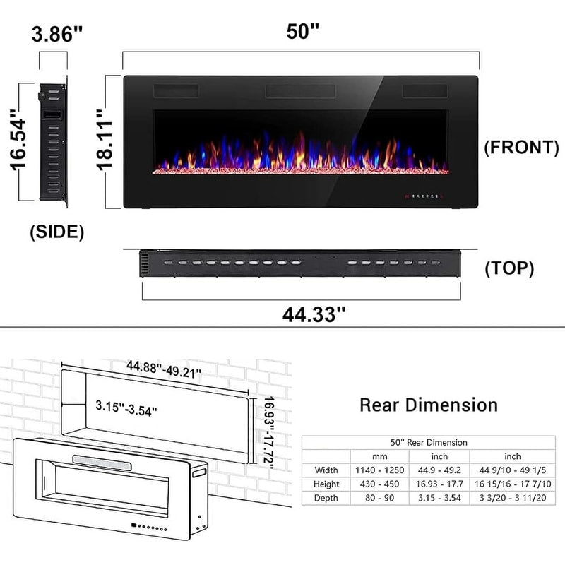 Cheminée électrique encastrée murale avec télécommande (750-1500 W)