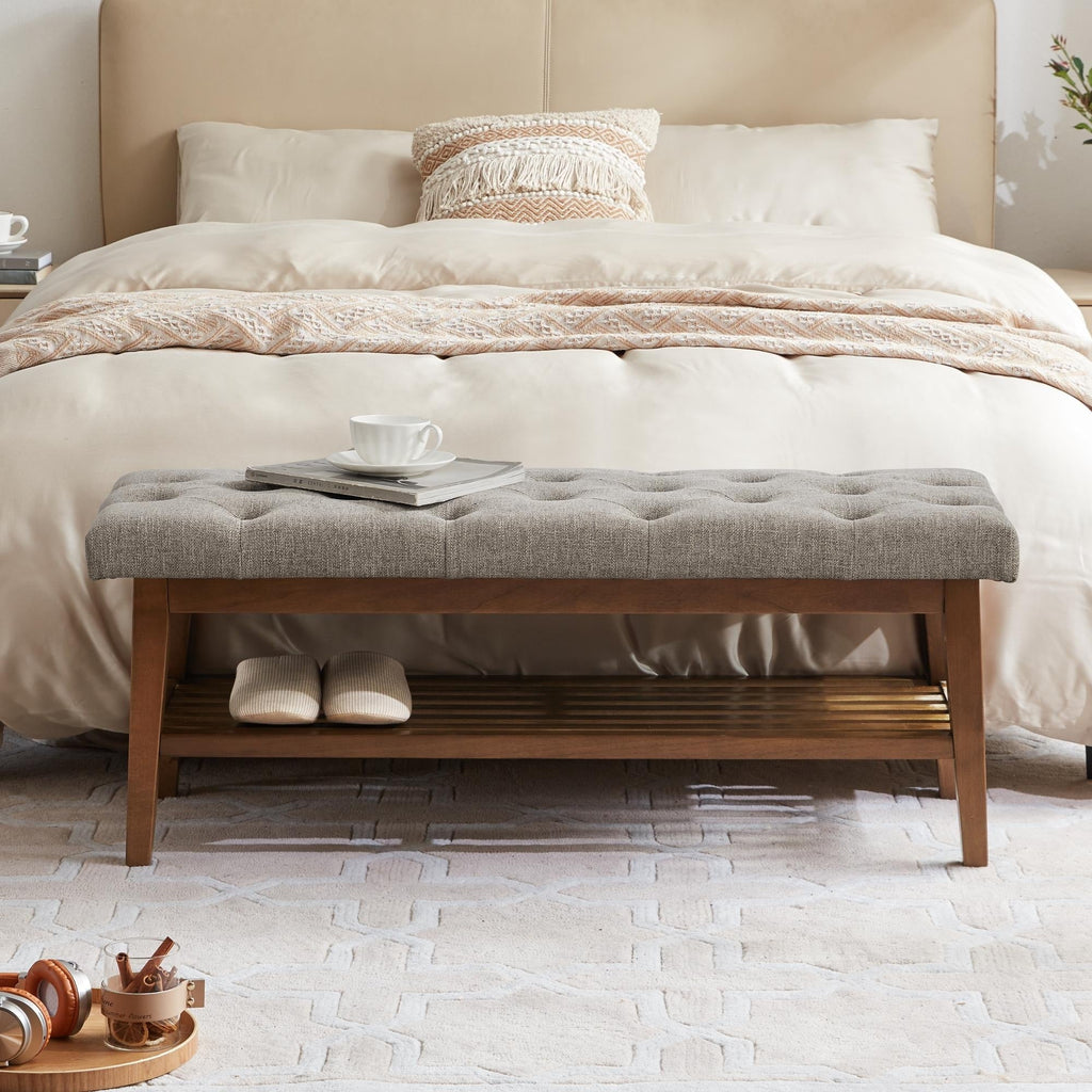 Banc à chaussures d'entrée, banc de rangement en tissu et bois massif, banc rembourré de 43 pouces pour salon et chambres