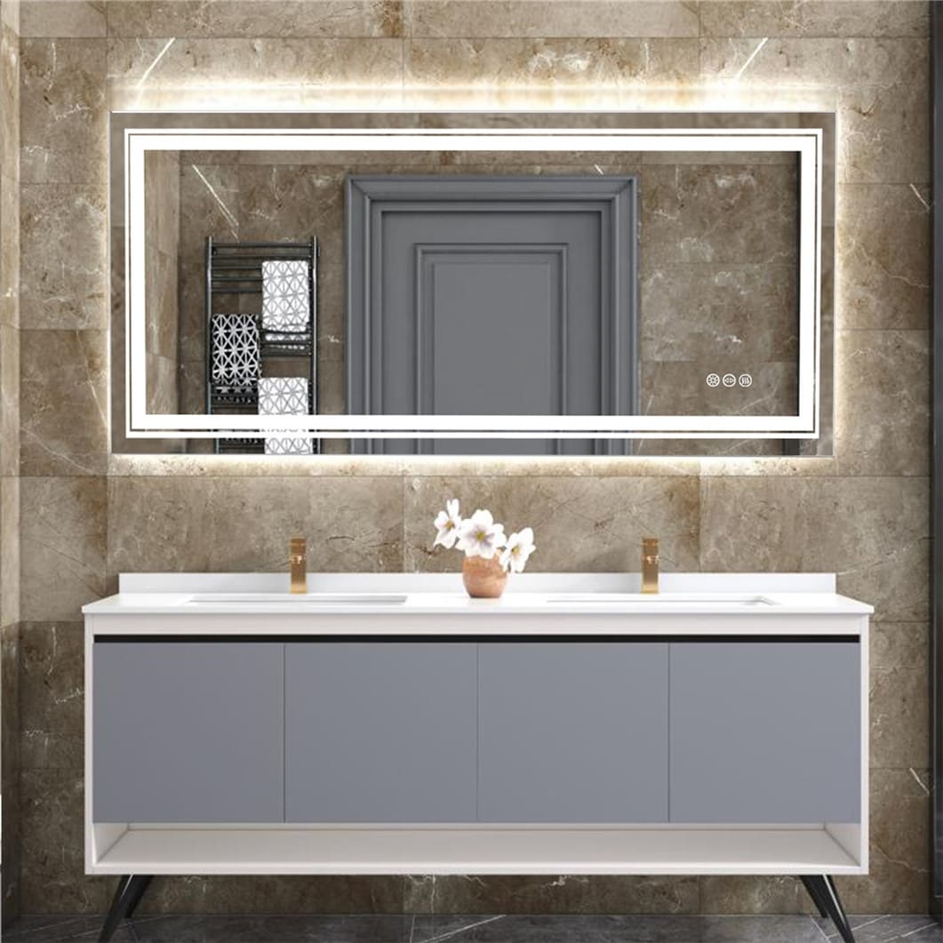 Miroir de salle de bain extra large avec éclairage LED, antibuée, 3 couleurs