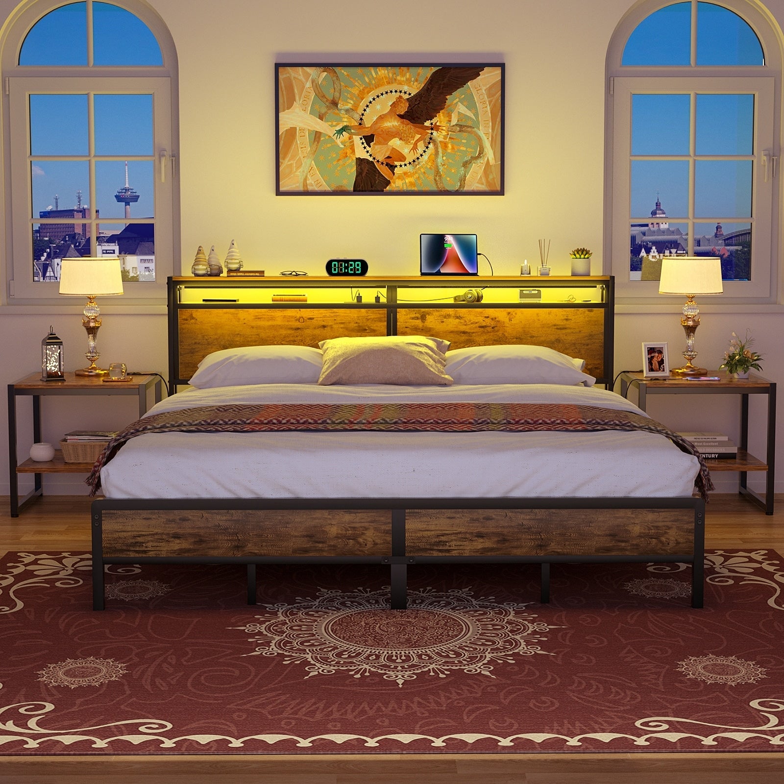 Cadre de lit plateforme en bois de style ferme avec station de charge et lumières LED
