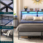 Cadre de lit plateforme en bois de style ferme avec station de charge et lumières LED