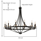 Lustre Empire à 12 lumières de style ferme moderne Fidenza avec roue de chariot et UL - D40'' * H135''