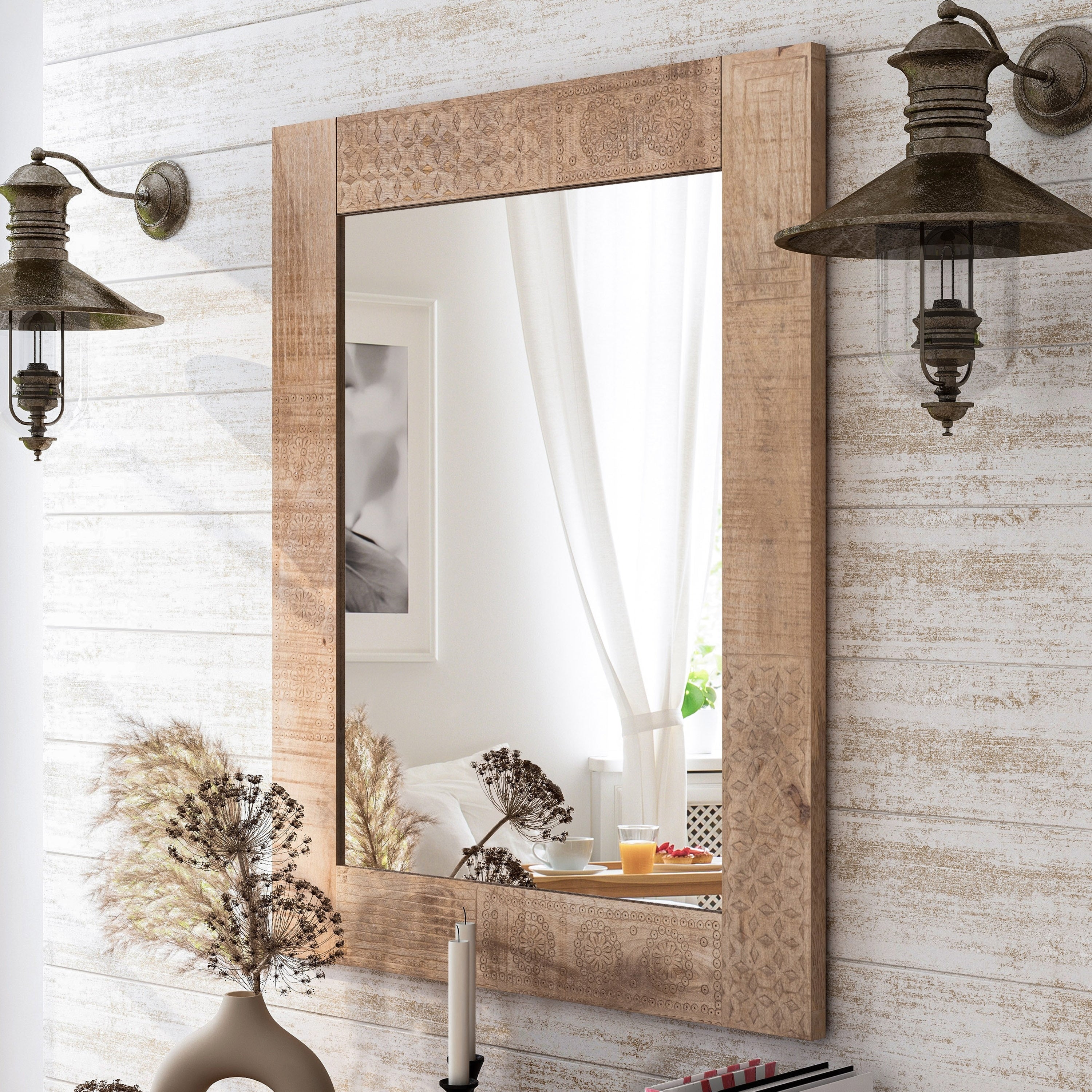 Miroir mural rustique en bois massif naturel Carina de Furniture of America
