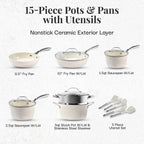 Batterie de cuisine antiadhésive en céramique ultra-résistante Gotham Steel Hammered Cream, 15 pièces, avec ustensiles