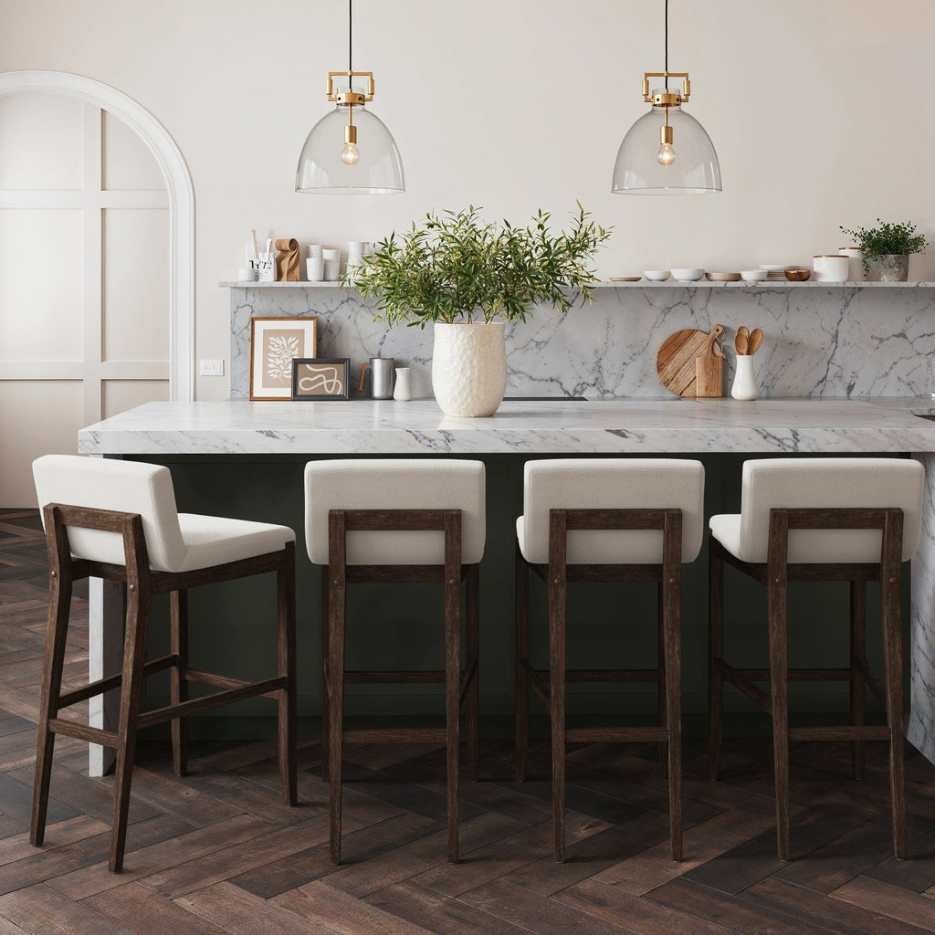 Tabouret de bar moderne Gracie, chaise rembourrée en boucle et pieds en bois brossé