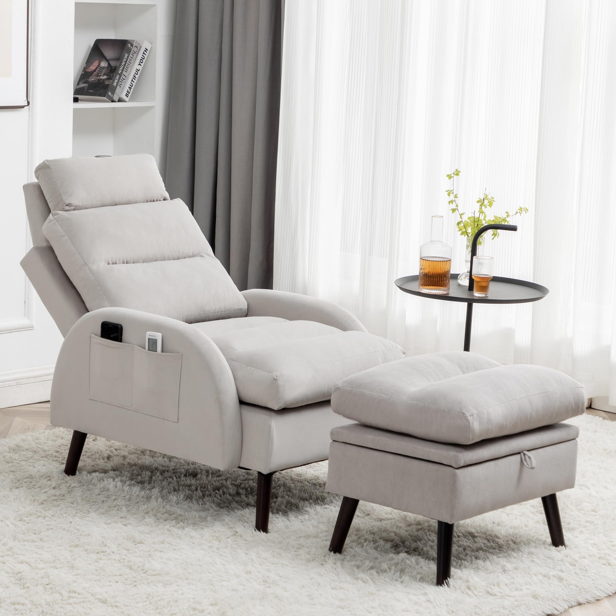 Fauteuil d'appoint HOMYKA avec dossier réglable et pouf de rangement