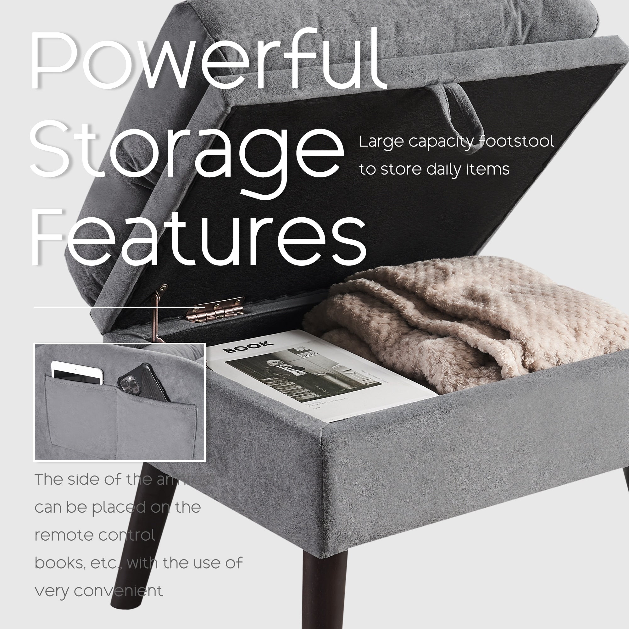 Fauteuil d'appoint HOMYKA avec dossier réglable et pouf de rangement