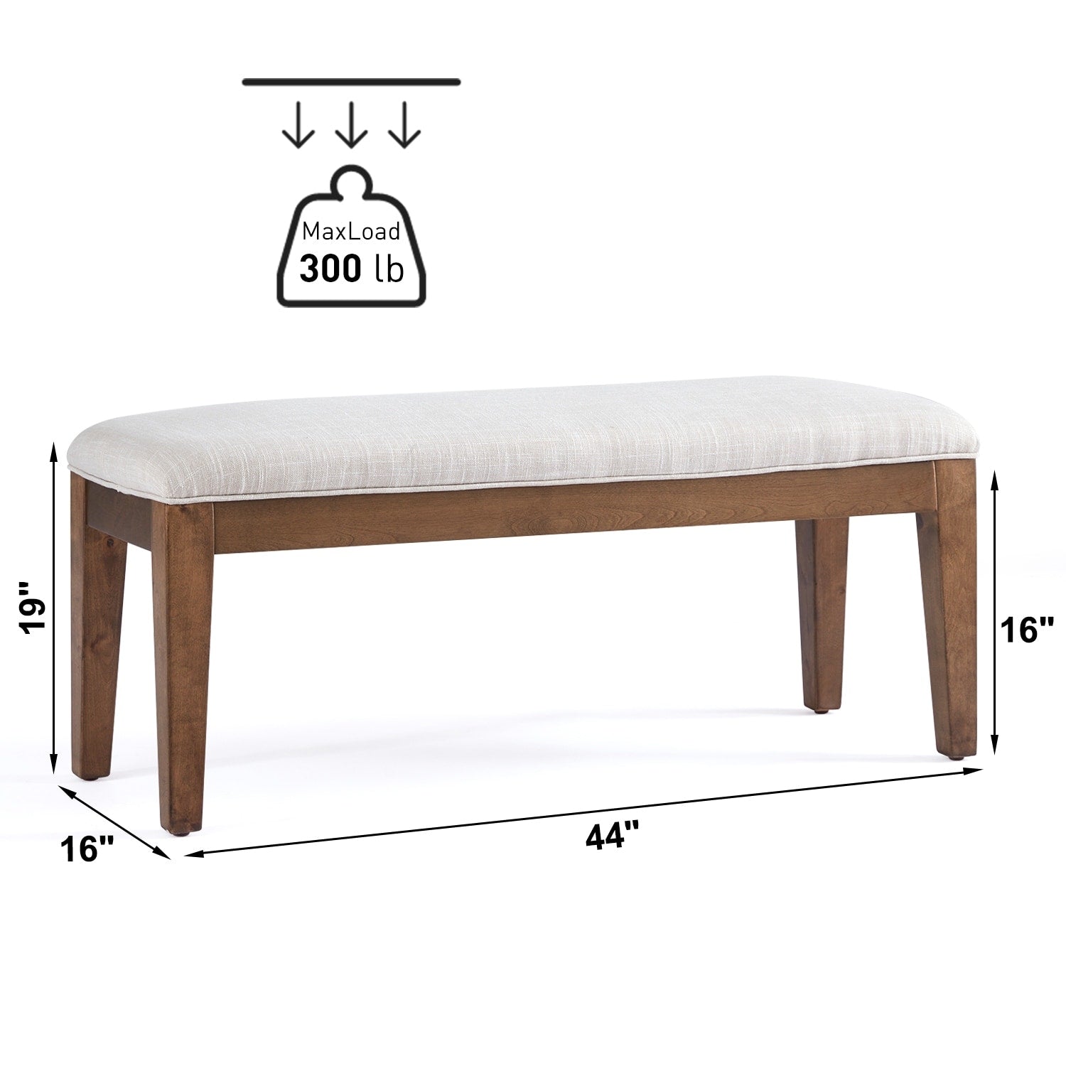 Banc d'entrée rembourré en tissu, banc de chambre pour bout de lit beige, bois massif 44 pouces