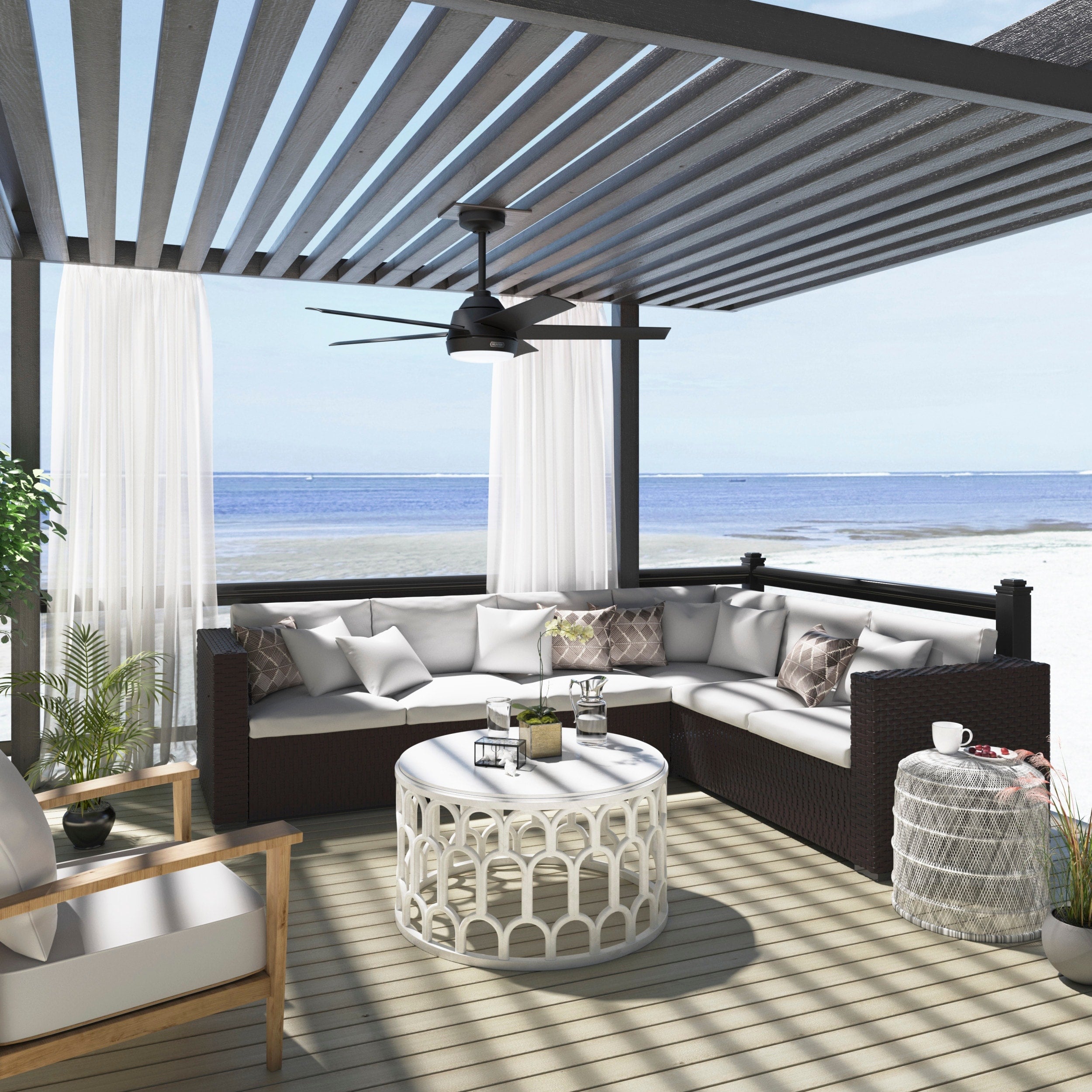 Ventilateur de plafond extérieur Hunter 52 Skyflow avec kit d'éclairage LED, commande murale - Côtier moderne contemporain - WeatherMax - CLASSÉ HUMIDE !