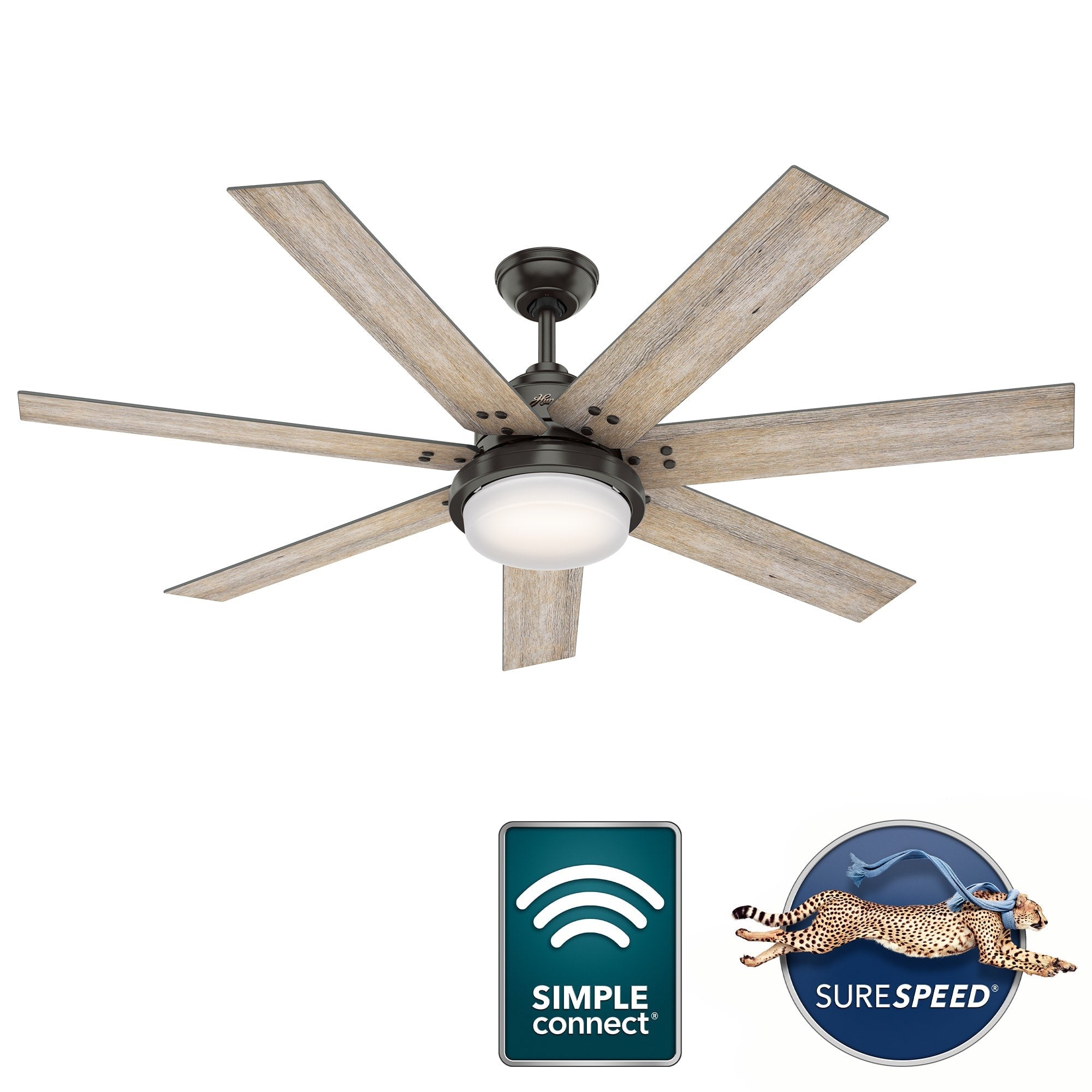 Ventilateur de plafond Hunter WiFi Whittington avec lumière LED, télécommande portable - Moulin à vent - Industriel, Ferme, Rustique - VENTILATEUR INTELLIGENT !