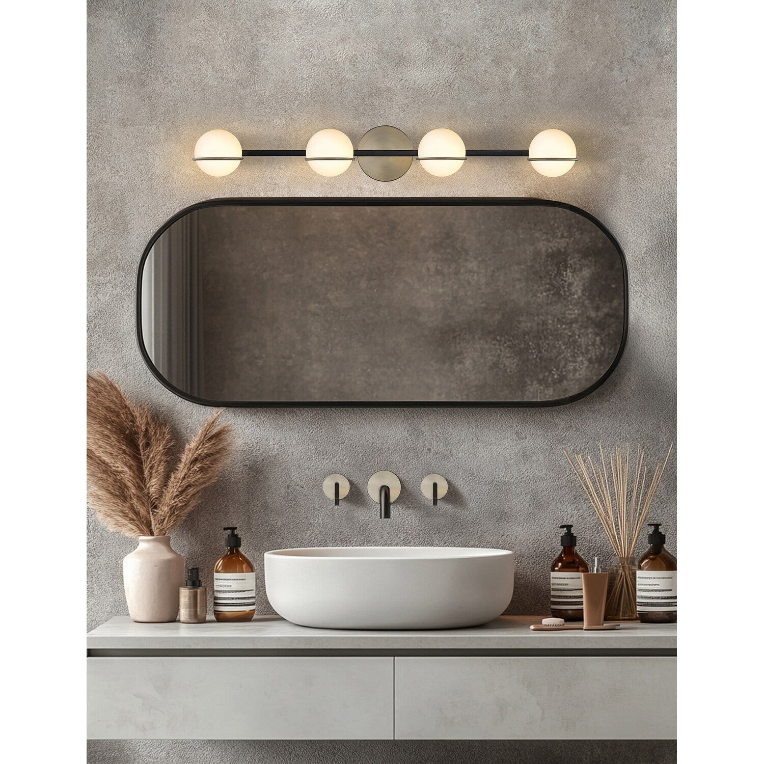 Barre de salle de bain Justice Design Group EVOLV Fusion Centric à 4 lumières avec abat-jour en verre opale