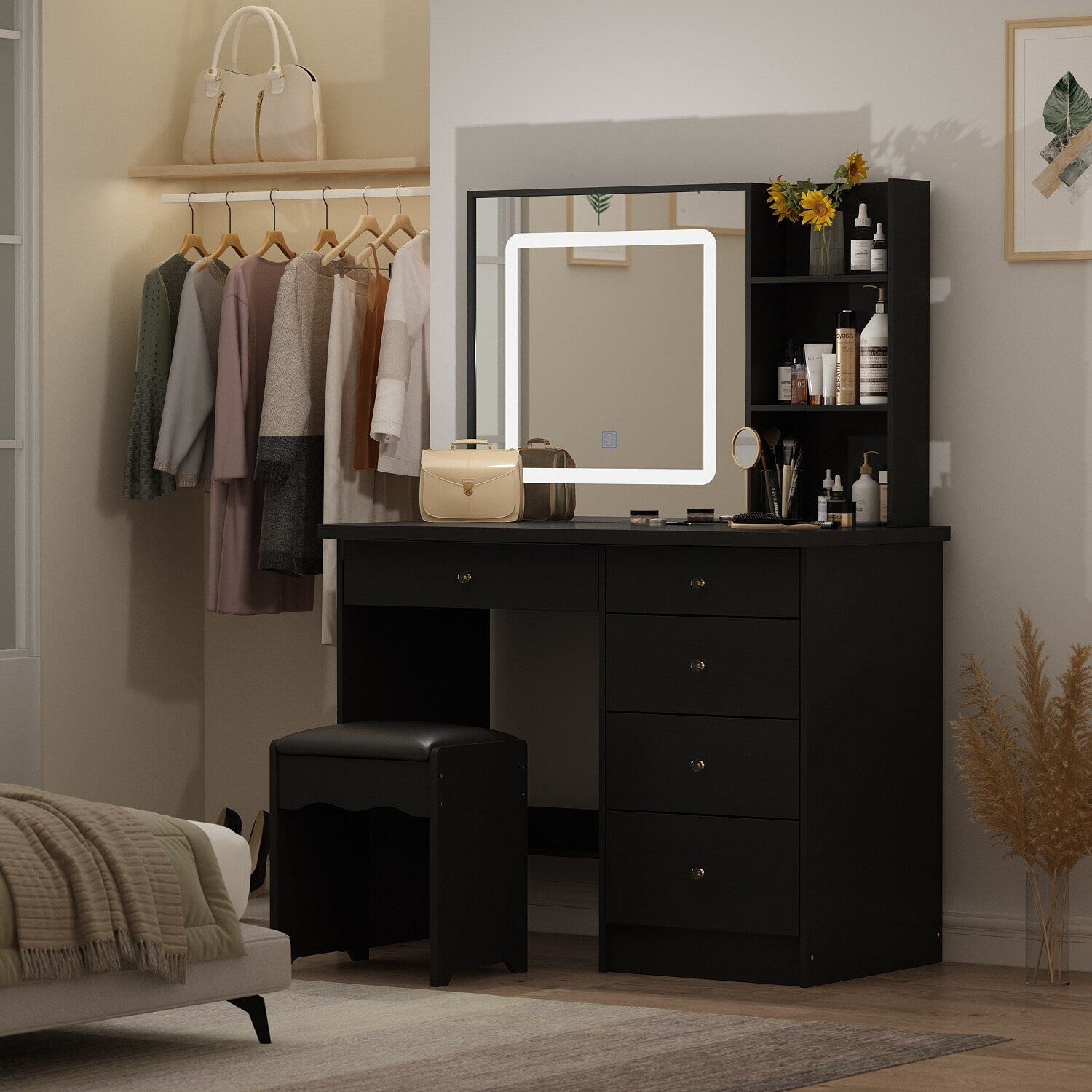 Coiffeuse Kerrogee avec miroir éclairé réglable et tabouret - 39,4 L x 19,7 l x 53,5 H