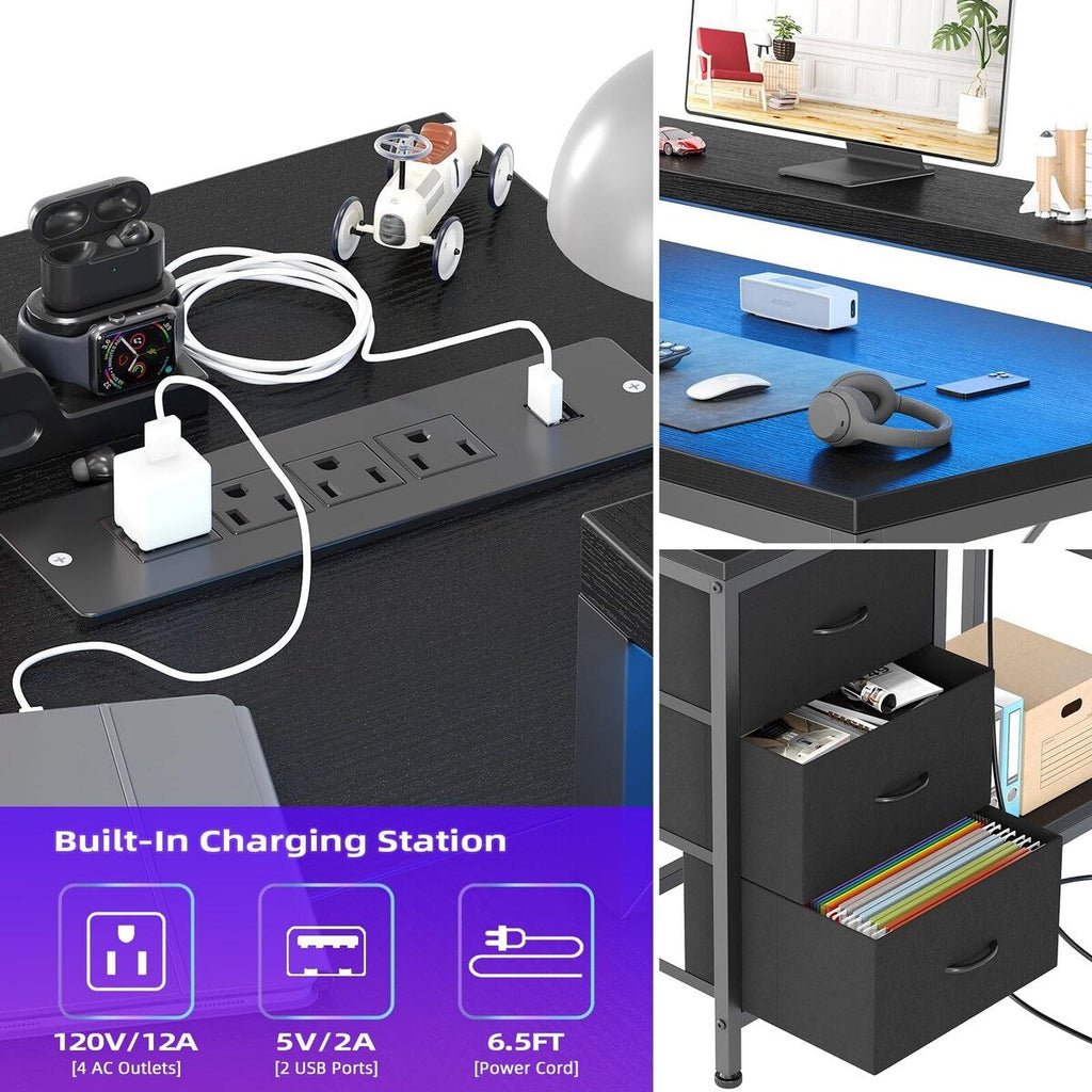 Bureau en L avec prises de courant et lumières LED