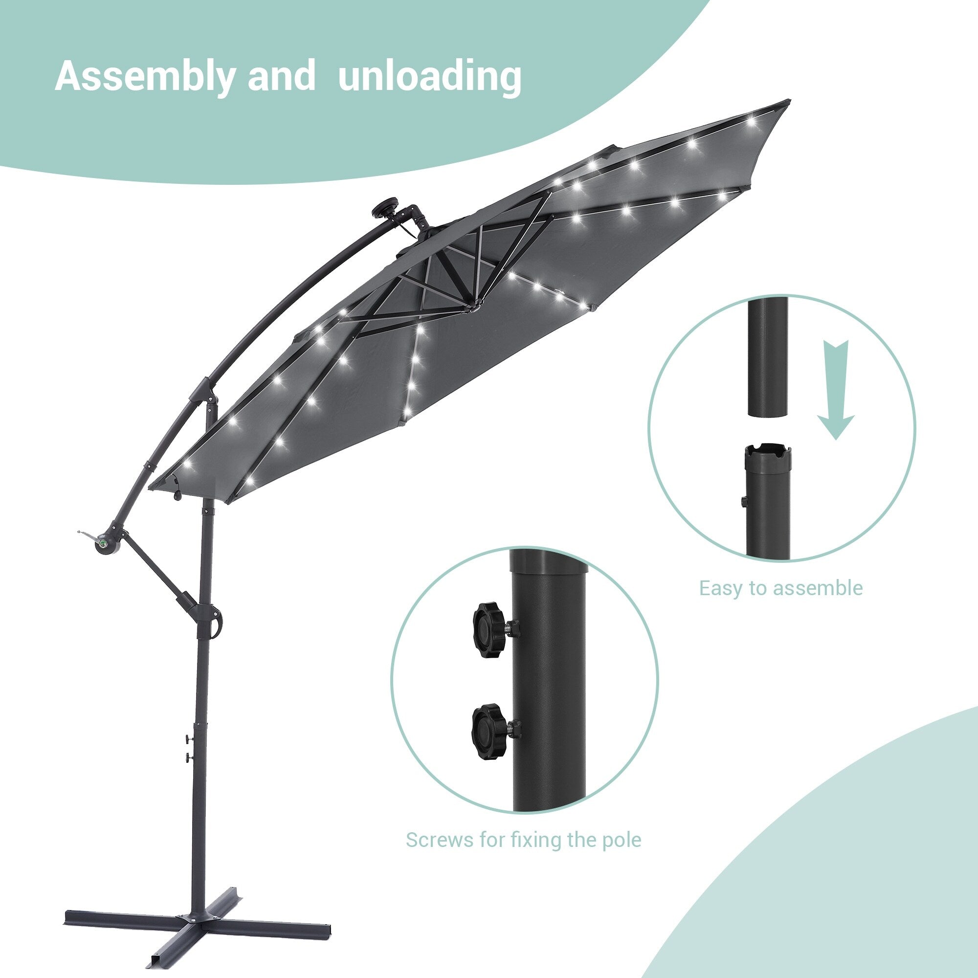 Parasol de terrasse déporté à LED LIVOOSUN de 10 pieds avec base croisée