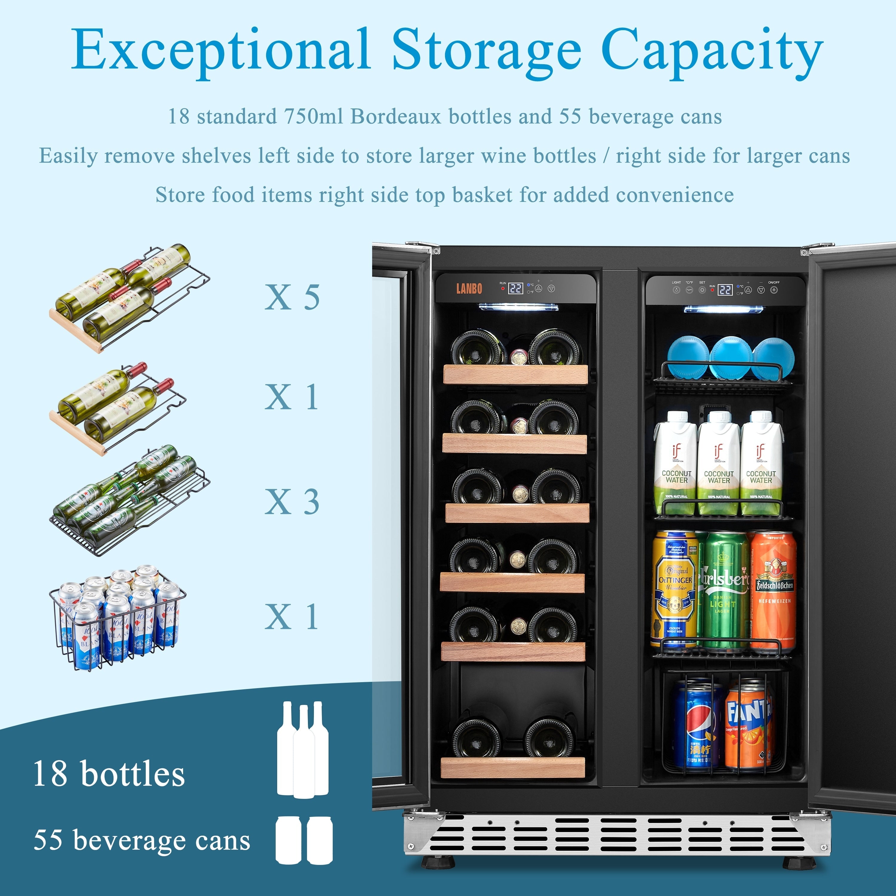 Réfrigérateur Lanbo 24 pouces à double zone, 18 bouteilles de vin et 55 canettes de boissons, en acier inoxydable et verre, avec porte française