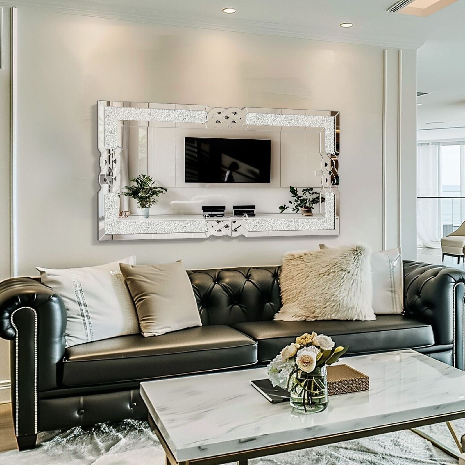 Grand miroir mural emboîtable avec perles de cristal rectangulaires