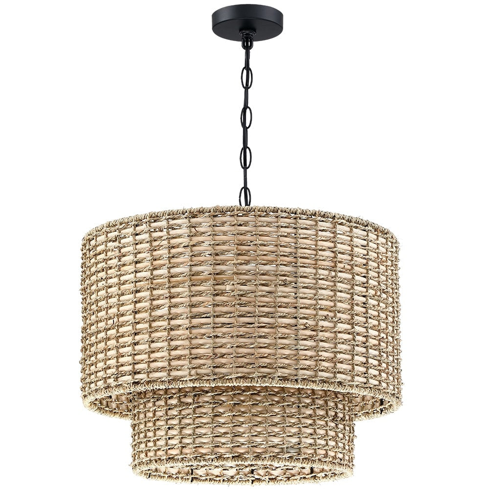 Lustre tambour à 4 lumières en rotin Lennie de 20 po avec auvent noir - 20 po de largeur - 20 po de largeur