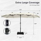 MAISON ARTS Parasol de marché extérieur rectangulaire à manivelle double face de 15 pieds Parasol de patio éclairé par LED solaire avec base incluse