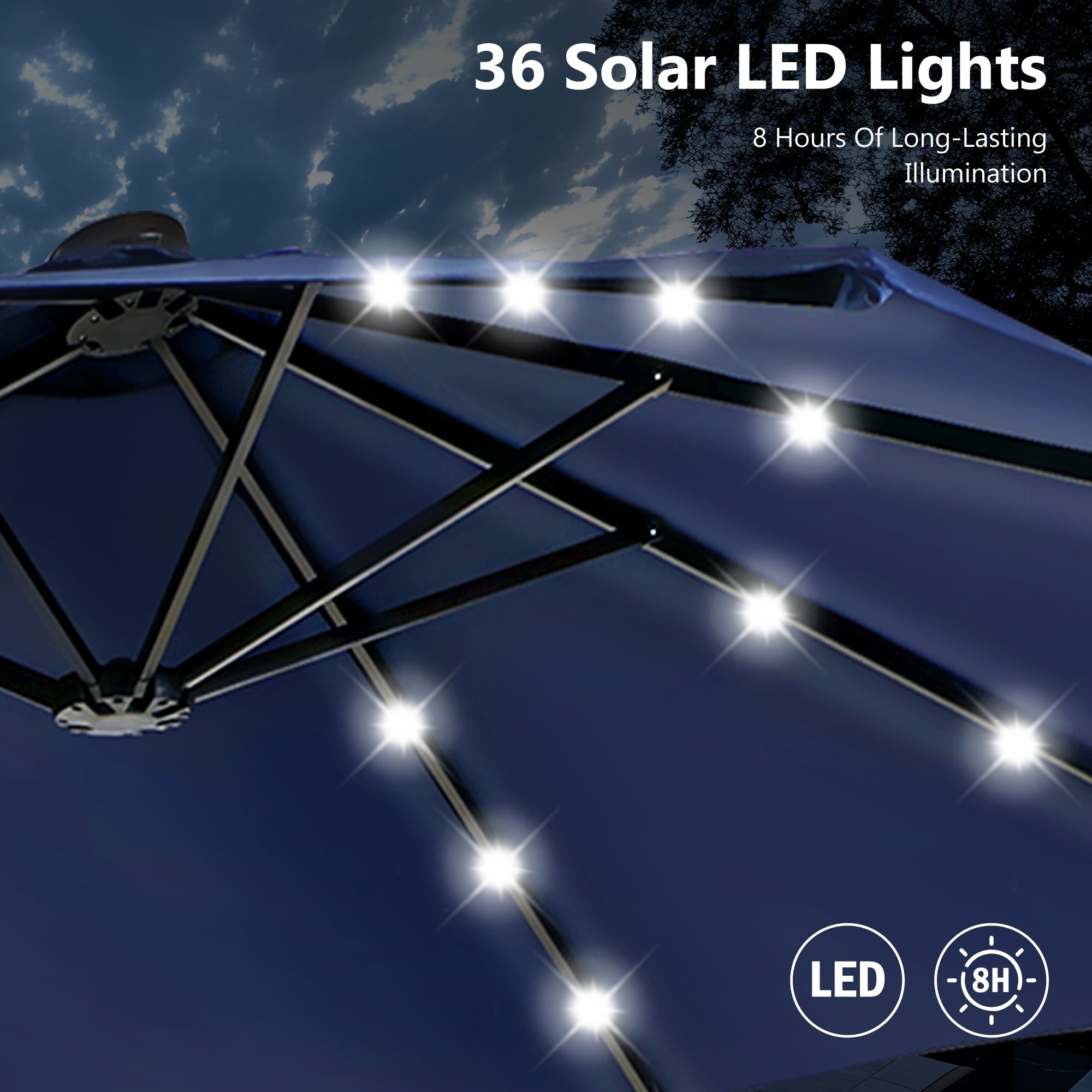 MAISON ARTS Parasol de marché extérieur rectangulaire à manivelle double face de 15 pieds Parasol de patio éclairé par LED solaire avec base incluse