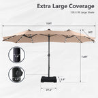 MAISON ARTS Parasol de marché extérieur rectangulaire à manivelle double face de 15 pieds Parasol de patio éclairé par LED solaire avec base incluse