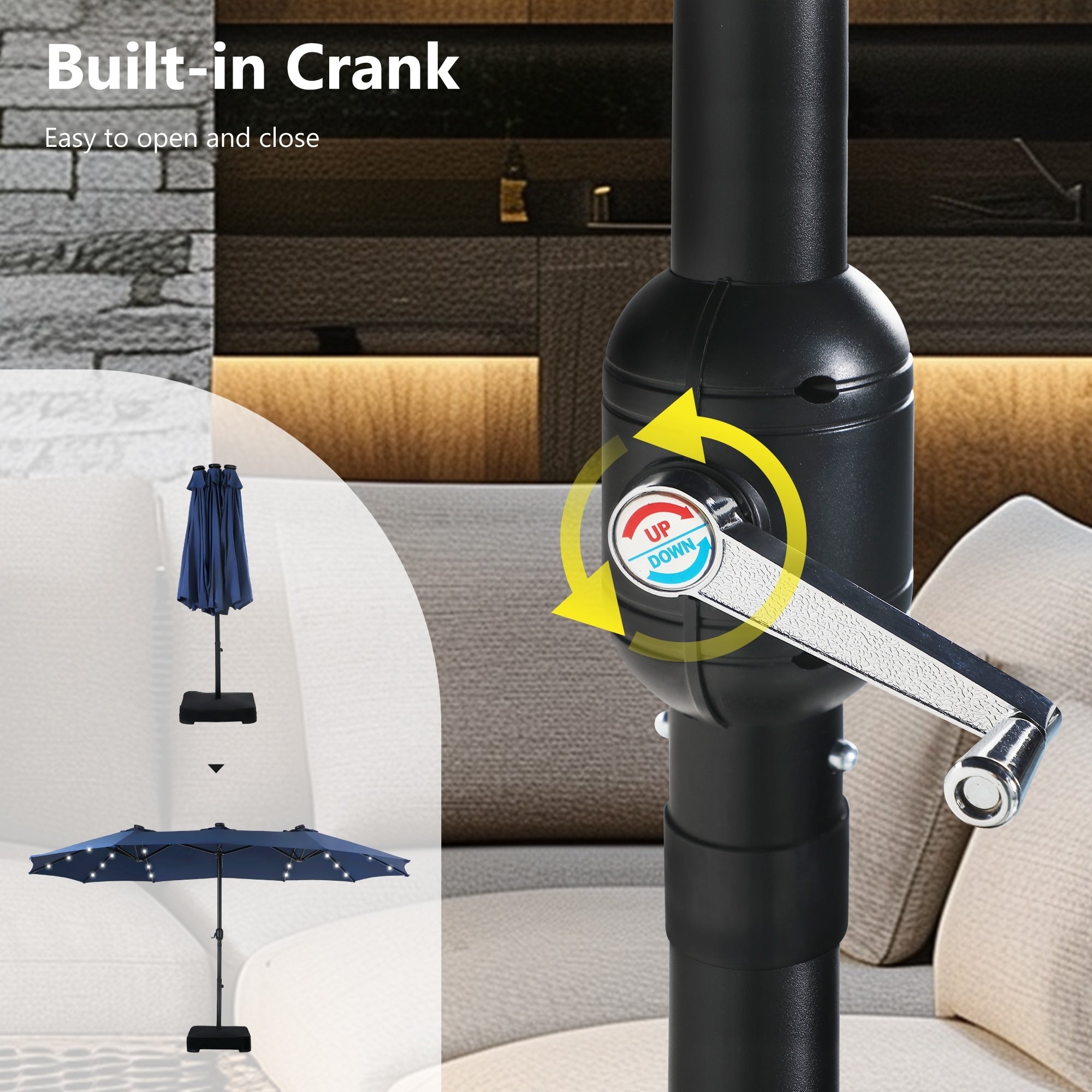 MAISON ARTS Parasol de marché extérieur rectangulaire à manivelle double face de 15 pieds Parasol de patio éclairé par LED solaire avec base incluse