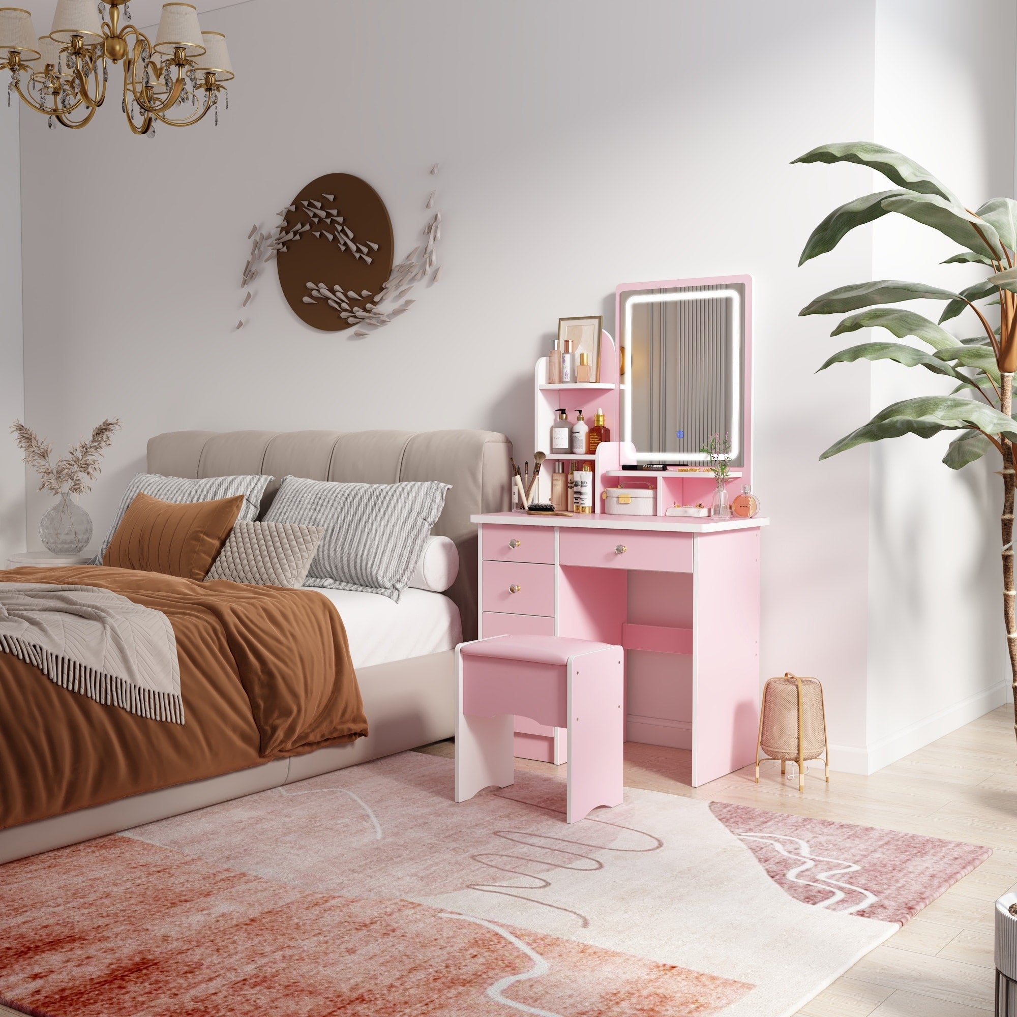 Coiffeuse avec éclairage LED, miroir et tabouret