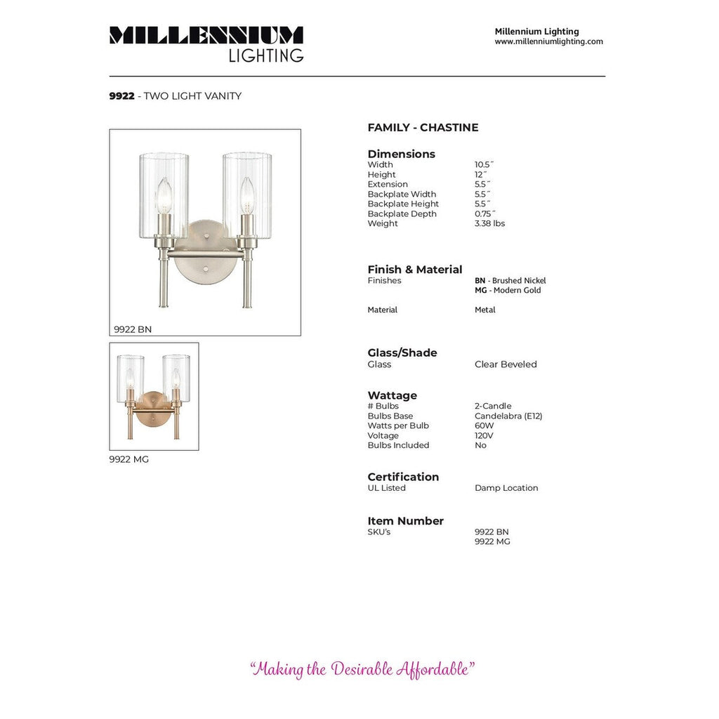 Luminaire de salle de bain Millennium Lighting Chastine avec abat-jour en verre biseauté transparent