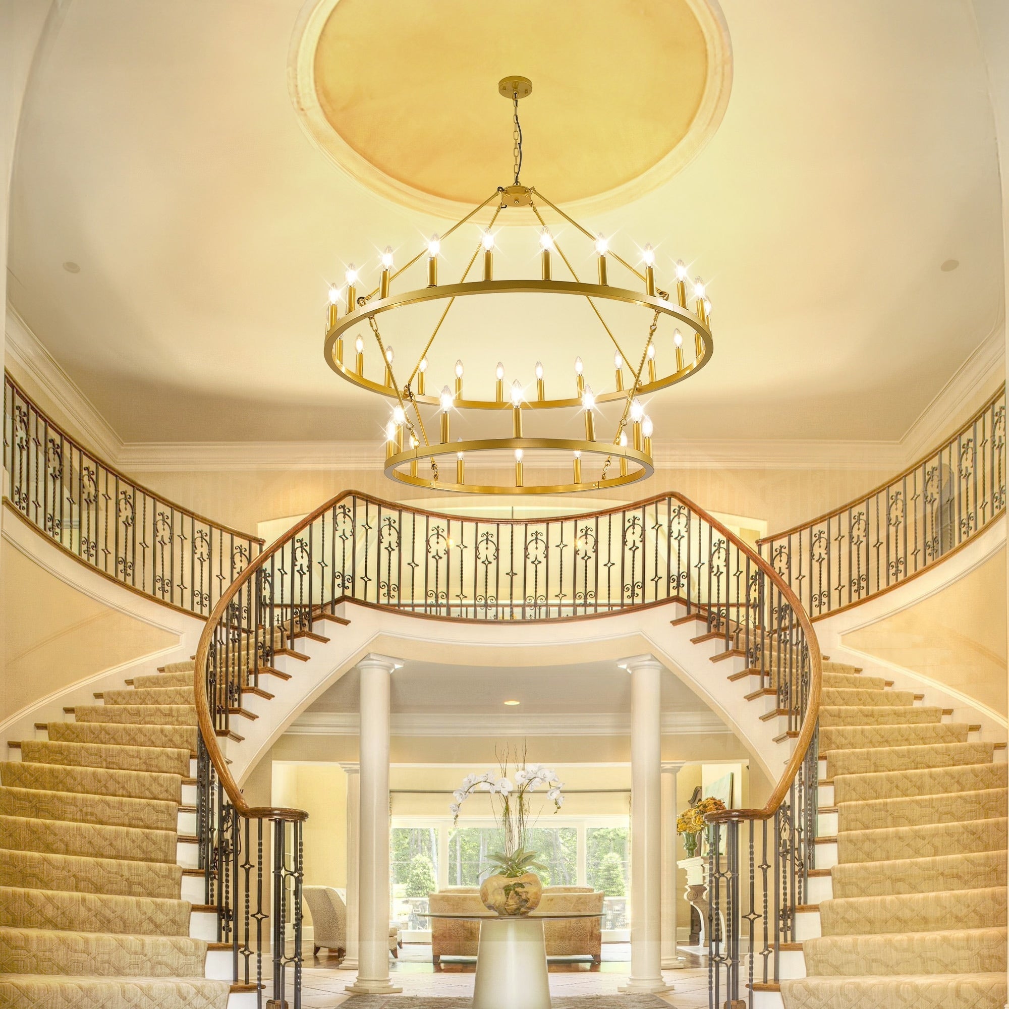 Lustre de ferme moderne à 2 niveaux, lustre rond en forme de roue de chariot, grand plafonnier haut.