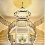 Lustre de ferme moderne à 2 niveaux, lustre rond en forme de roue de chariot, grand plafonnier haut.