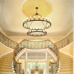 Lustre de ferme moderne à 2 niveaux, lustre rond en forme de roue de chariot, grand plafonnier haut.