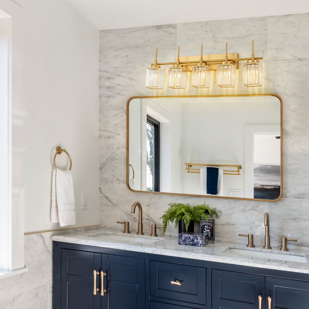 Applique murale moderne dorée à intensité variable, style cylindre glamour pour salle de bain, en cristal, pour meuble-lavabo