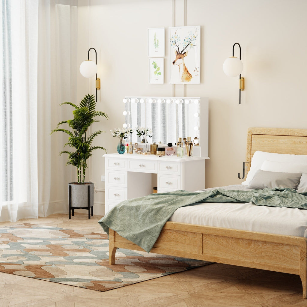 Miroir de maquillage pliable blanc moderne avec éclairage réglable - 40,2 x 54,1