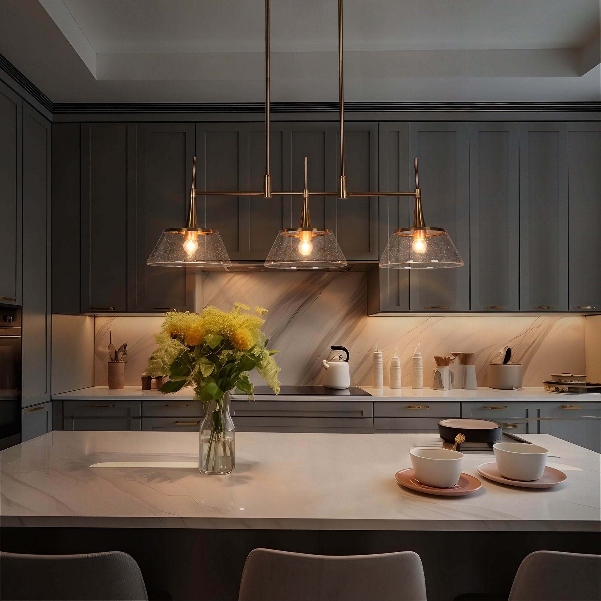 Lustre moderne Mola en verre grainé doré à 3 lumières, luminaire suspendu linéaire pour salle à manger