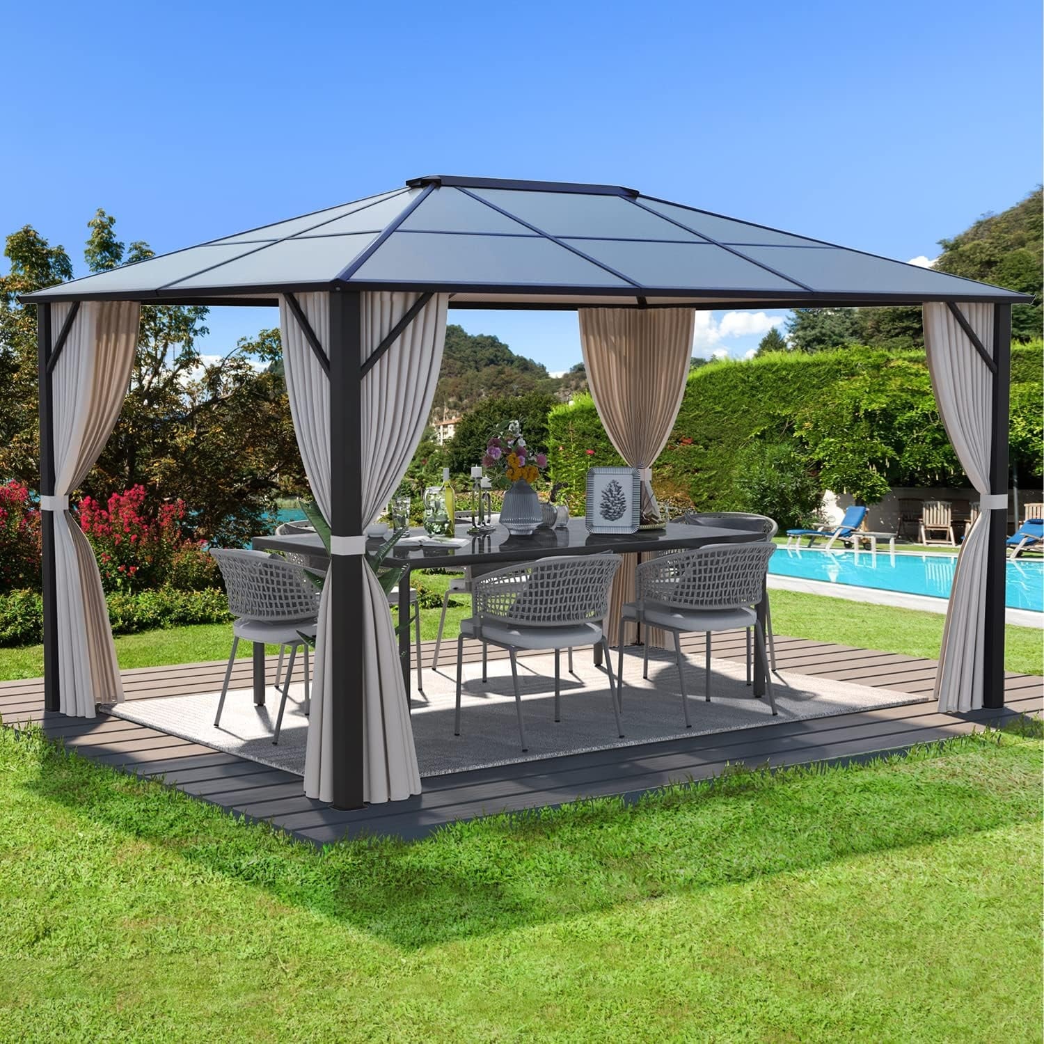 Gazebo à toit rigide EROMMY, pergola d'extérieur avec double toit, filet et rideaux, auvent robuste pour patio, arrière-cour, fête au bord de la piscine