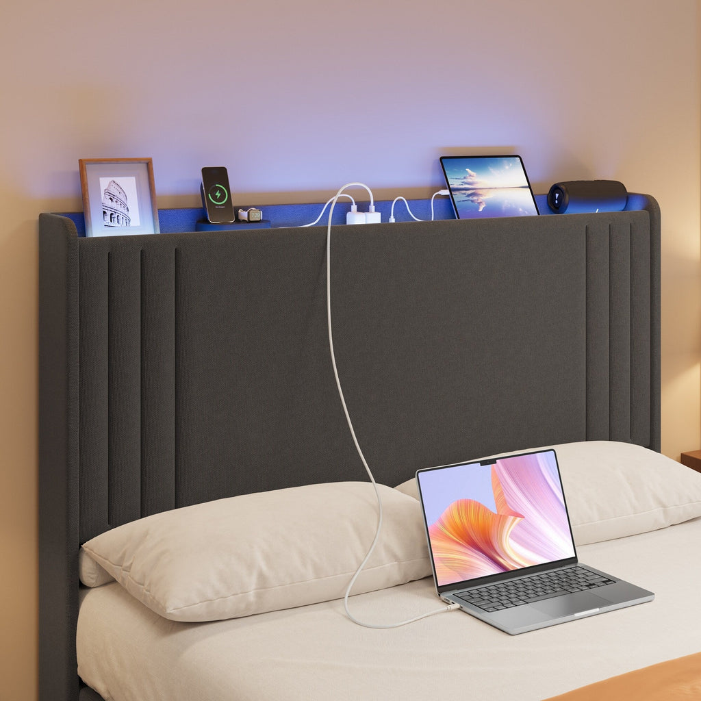 Lit Queen/Full rembourré à canaux verticaux avec tête de lit à oreilles