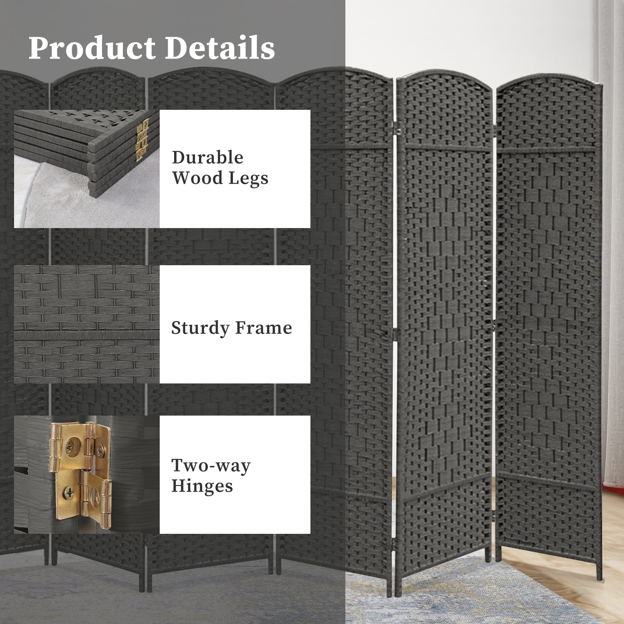 Paravent de séparation de pièce de 6 pieds de haut en fibre tissée, écran de confidentialité autoportant, écran pliant