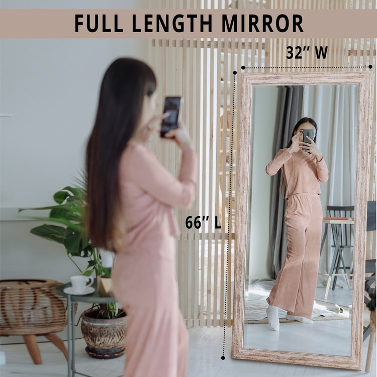 Miroir rustique pleine longueur - 66 x 32 cm, cadre rectangulaire en bois, miroir intégral pour salon, chambre à coucher
