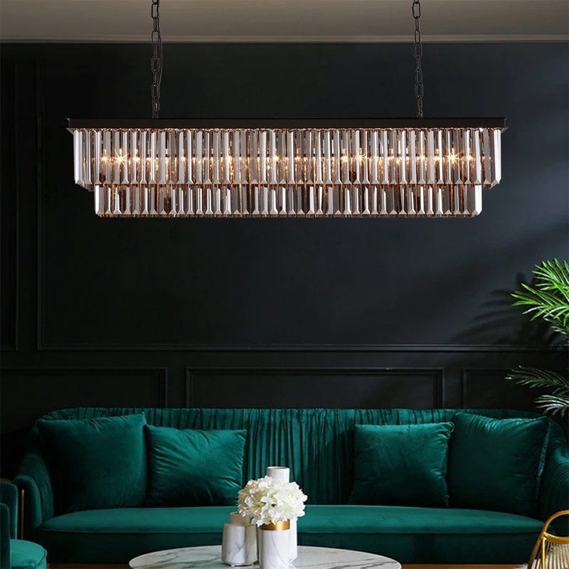 Lustre contemporain en cristal gris fumé et noir de 47 po, luminaire suspendu linéaire à deux niveaux pour îlot de cuisine et salle à manger