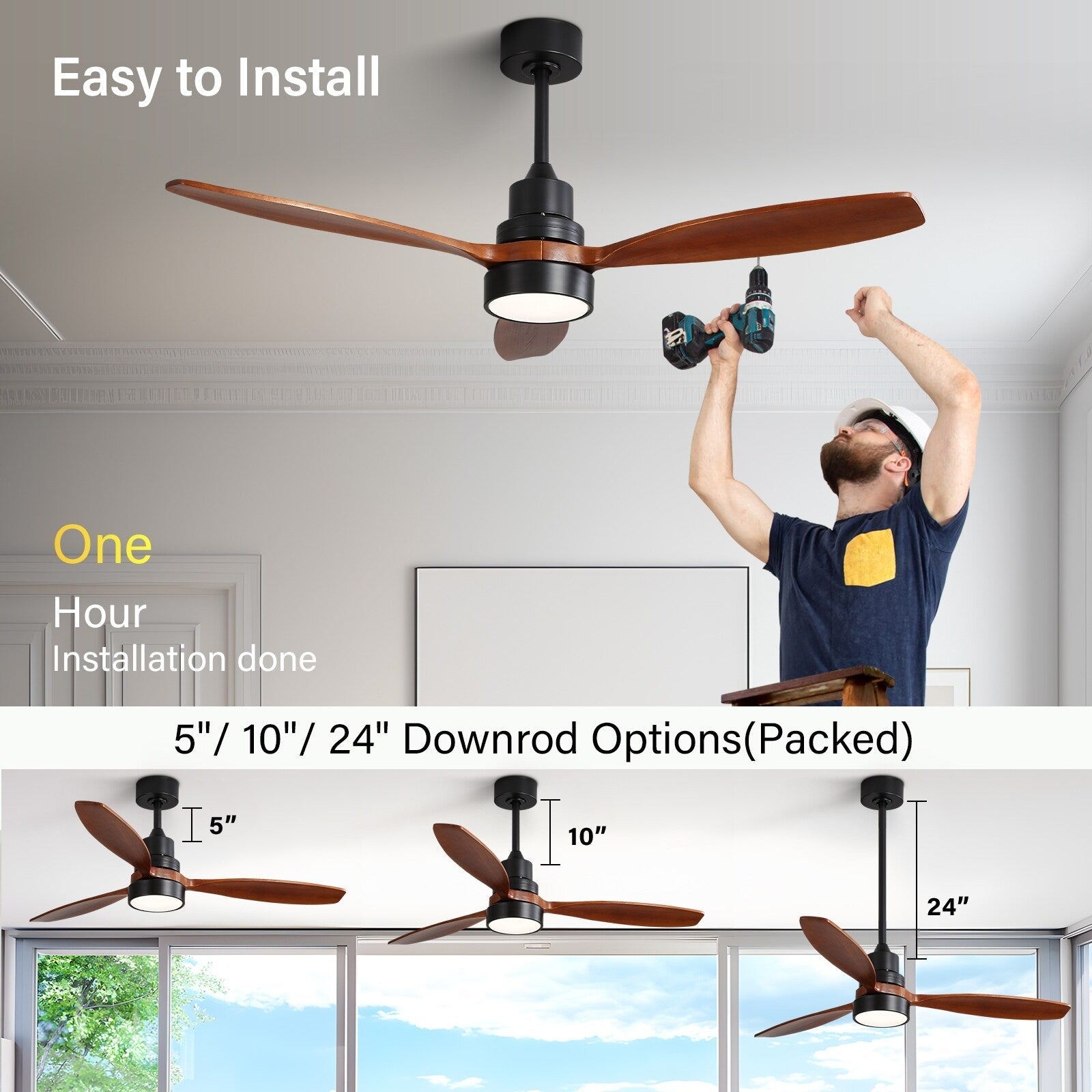 Ventilateur de plafond d'intérieur en bois Sofucor 52 avec télécommande et éclairage intégré en option