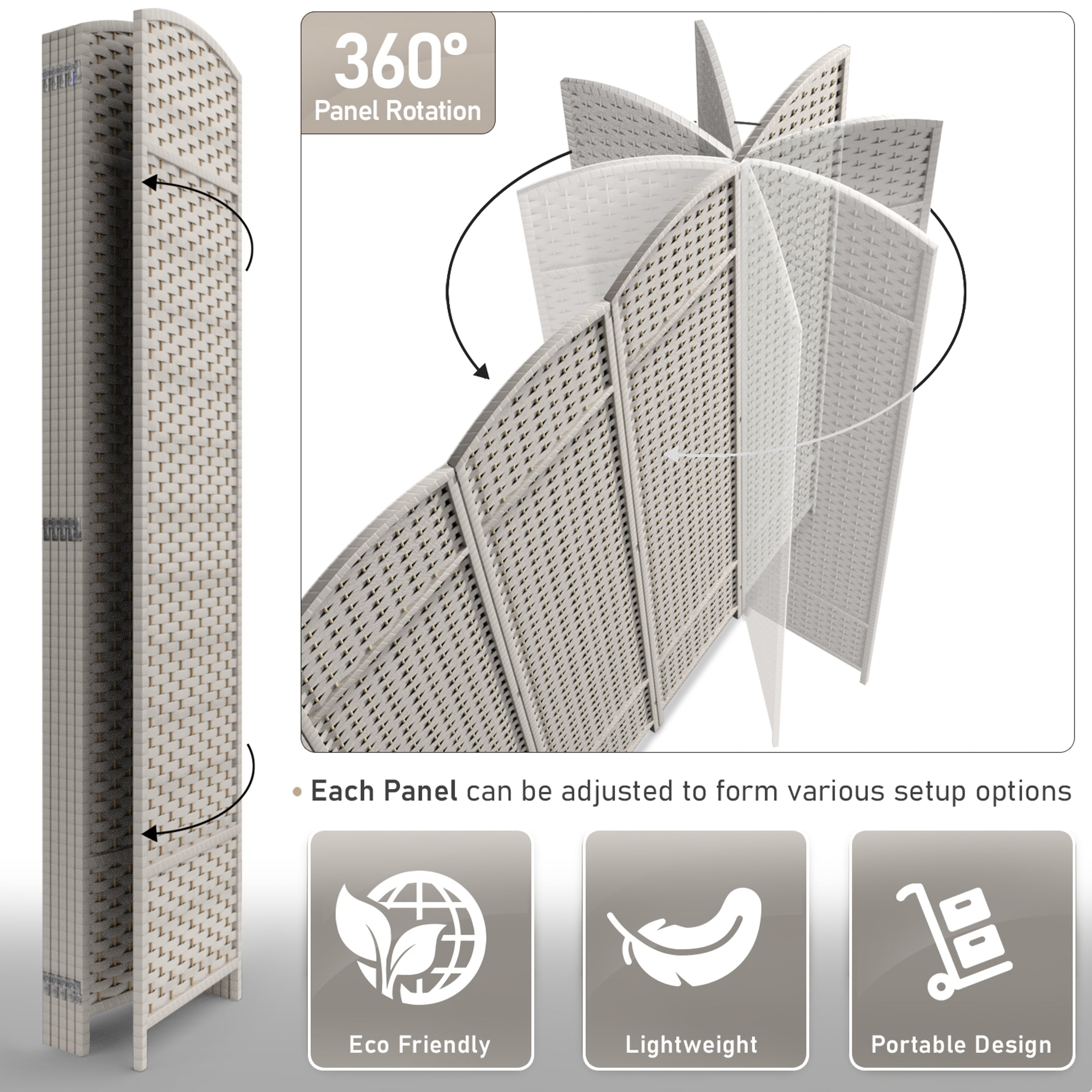 Séparateur de pièce Sorbus à 6 panneaux, cloison de séparation extra large et pliable, tissé à la main, à double charnière, en maille - 1,8 m