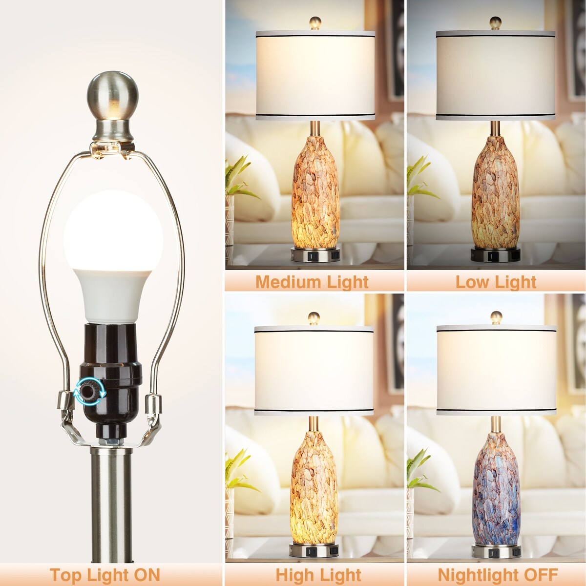 Lampe de table 2 en 1 avec veilleuse en verre indigo, ports de charge, prise secteur, abat-jour tambour, interrupteur tactile à intensité variable (lot de 2)