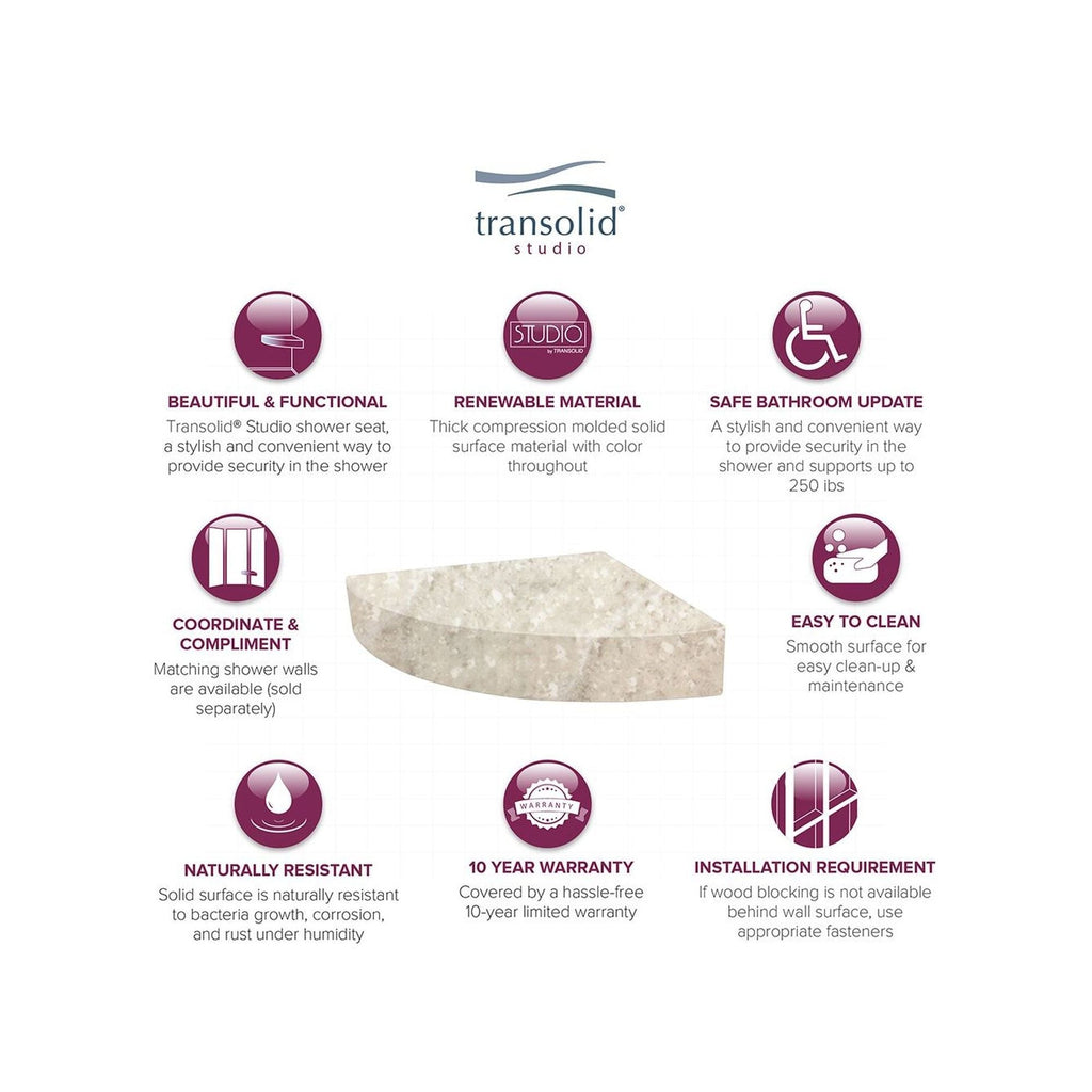 Siège de douche d'angle mural en surface solide Transolid Studio 14 po x 14 po - 14,5 x 14,25 x 3